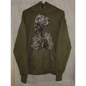 Social Collision Hoodie Men's Size S/M Skull & Mushrooms Graphic Green Pullover